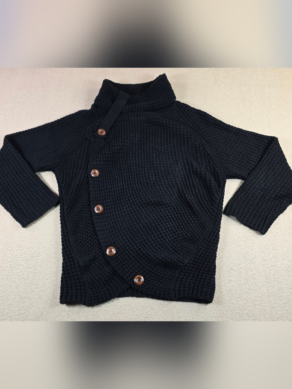 Womens XL Black Cowl Neck Asymmetric Button Knit Sweater Wrap Pullover